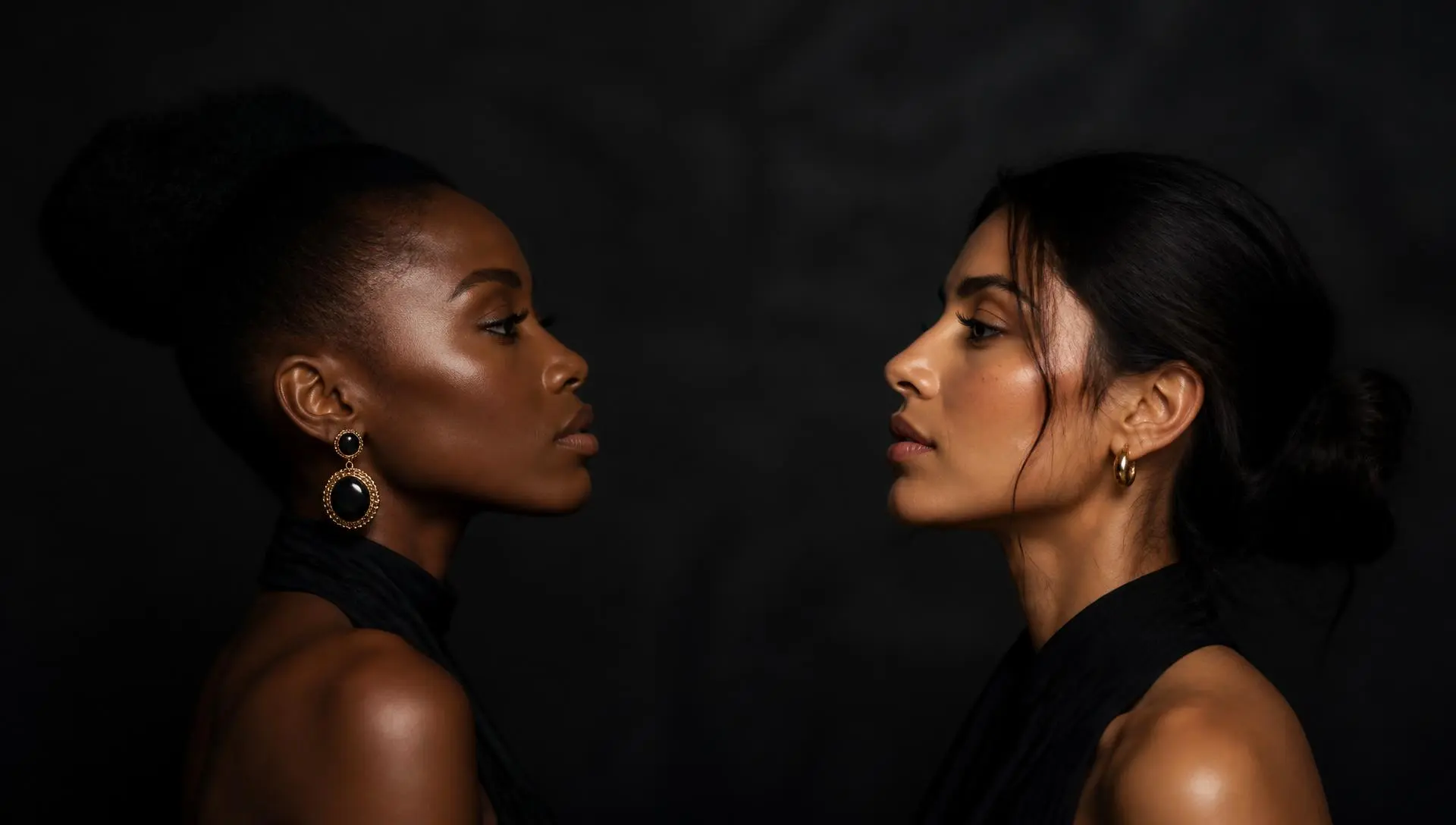 Two women photographed in profile on a dark backdrop